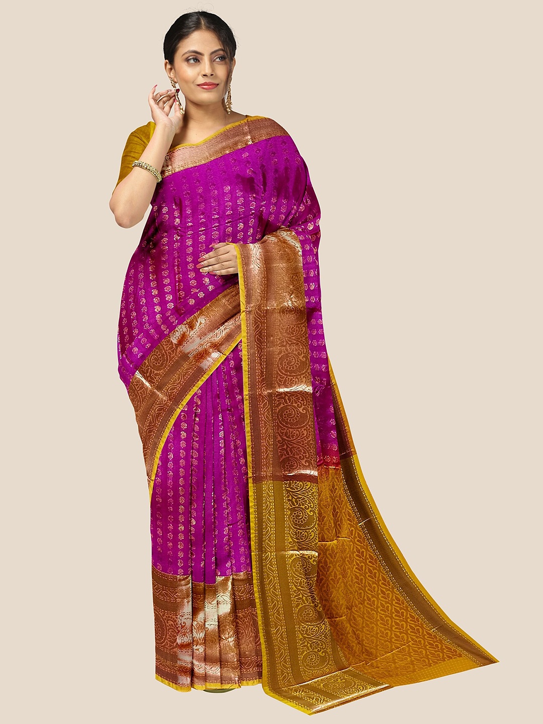 

The Chennai Silks Pink & Mustard Woven Design Zari Pure Silk Arani Saree