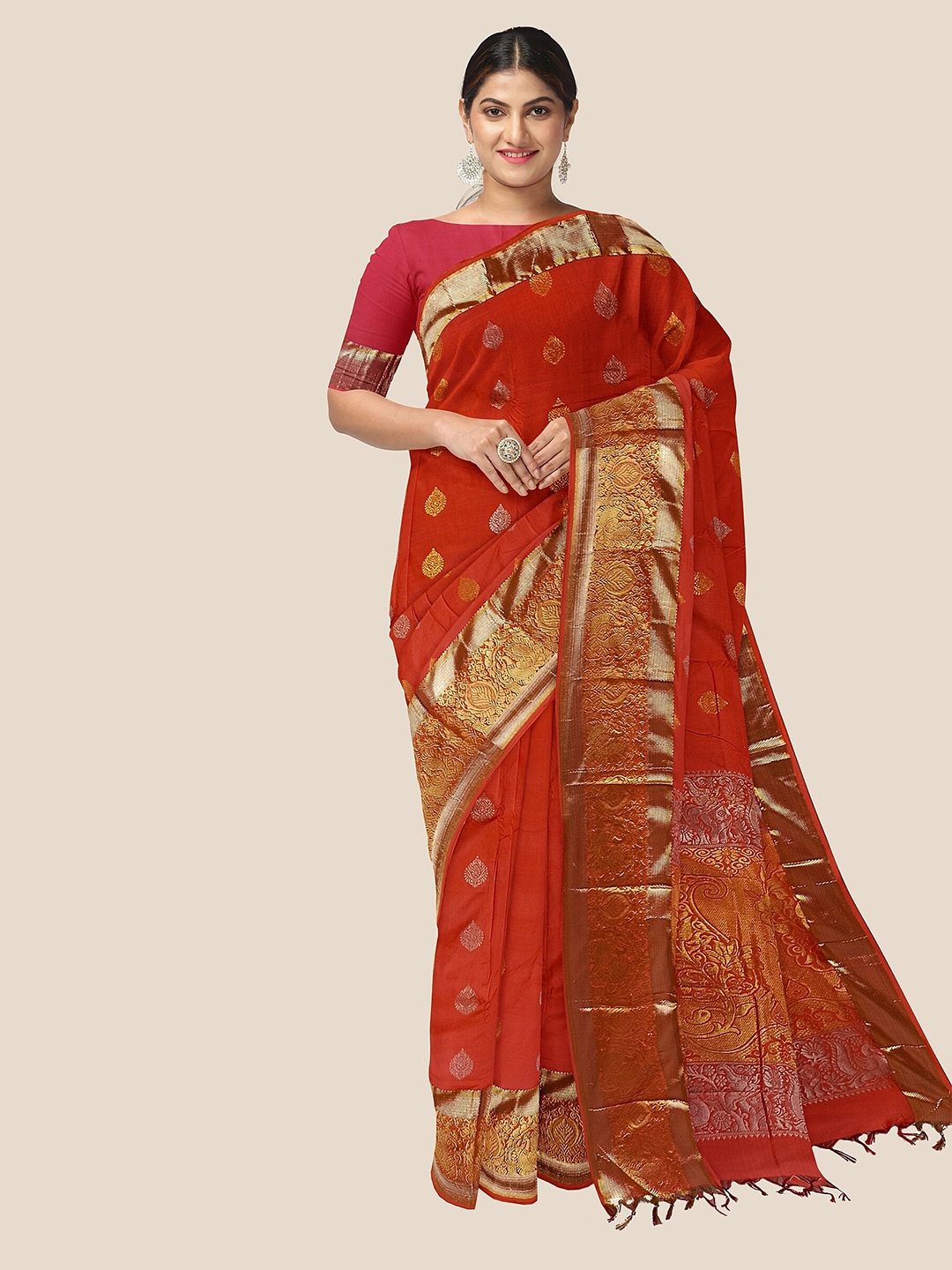

The Chennai Silks Ethnic Motifs Woven Design Zari Pure Silk Arani Saree, Red