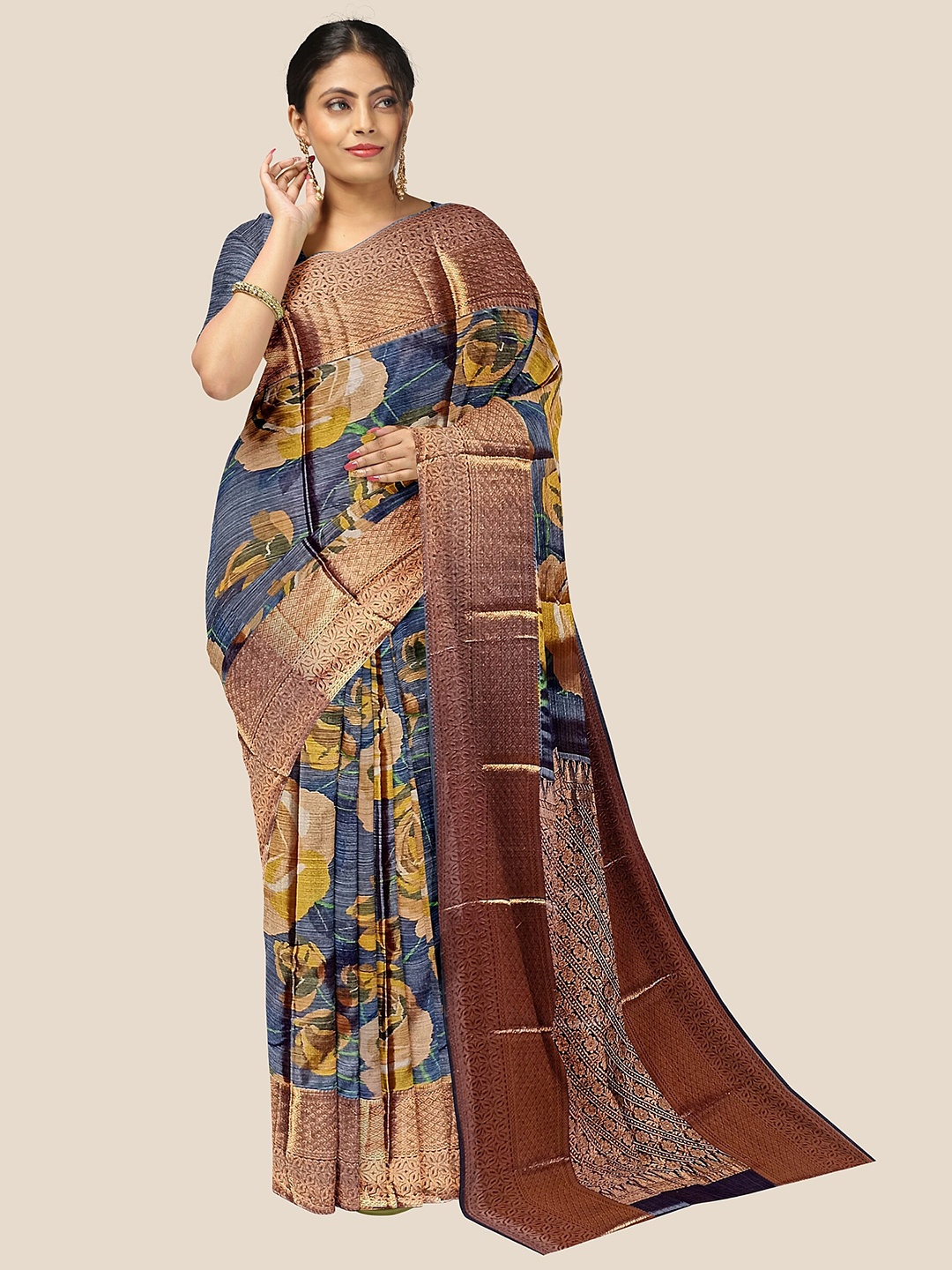 

The Chennai Silks Floral Printed Zari Pure Silk Dharmavaram Saree, Navy blue