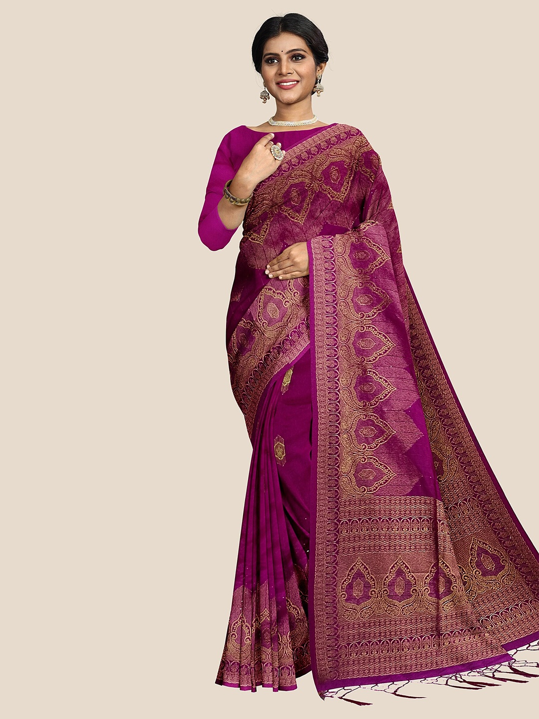 

The Chennai Silks Magenta & Gold-Toned Woven Design Zari Silk Blend Patola Saree
