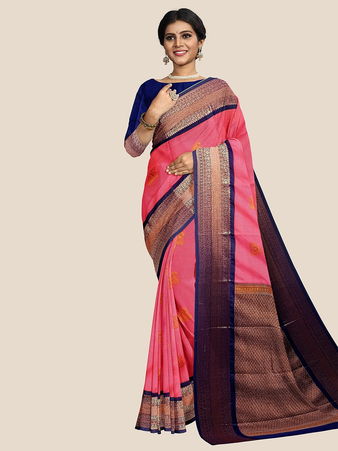 

The Chennai Silks Pink & Blue Woven Design Zari Pure Silk Arani Saree