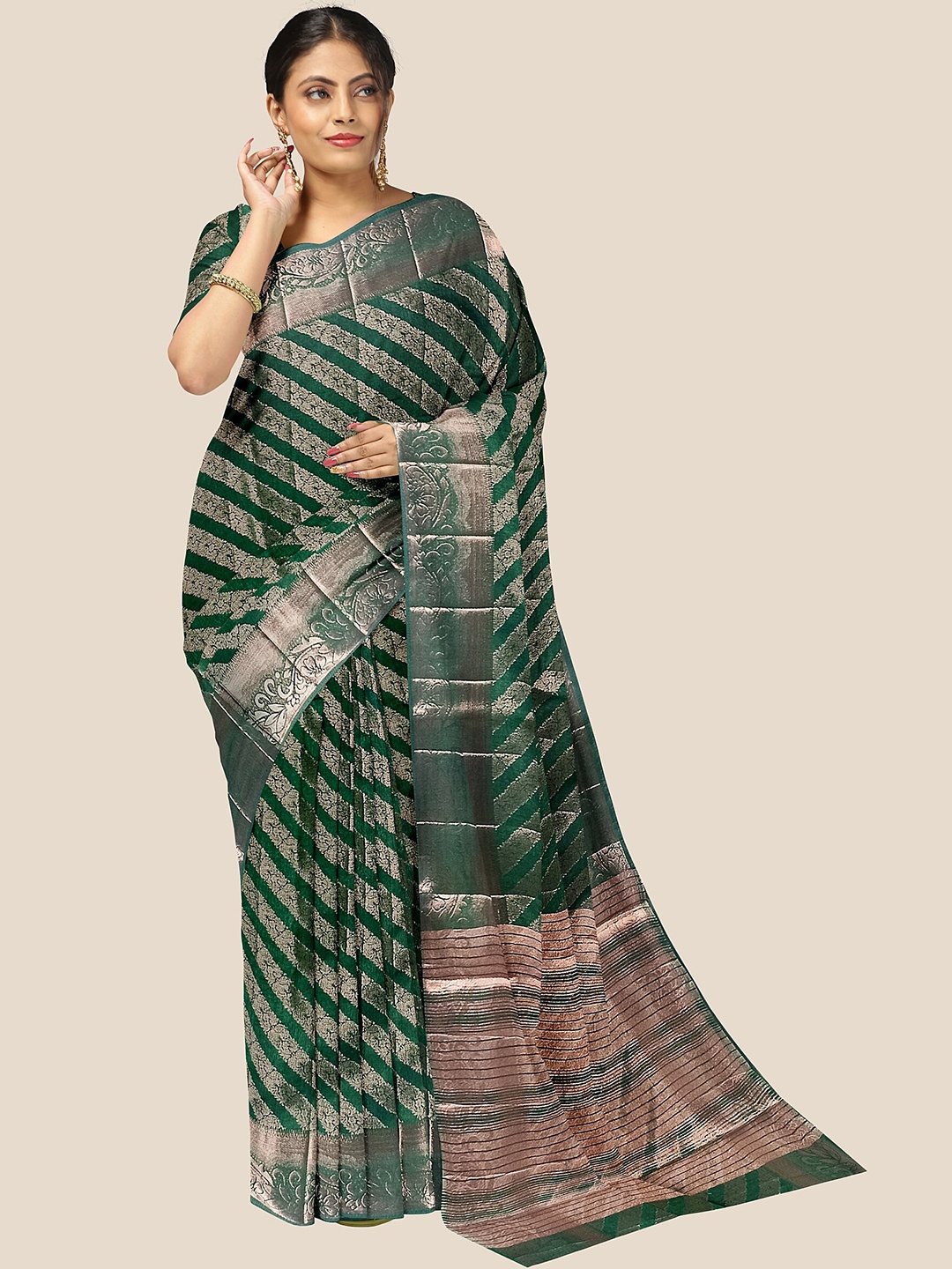 

The Chennai Silks Ethnic Motifs Zari Jute Cotton Banarasi Saree, Green