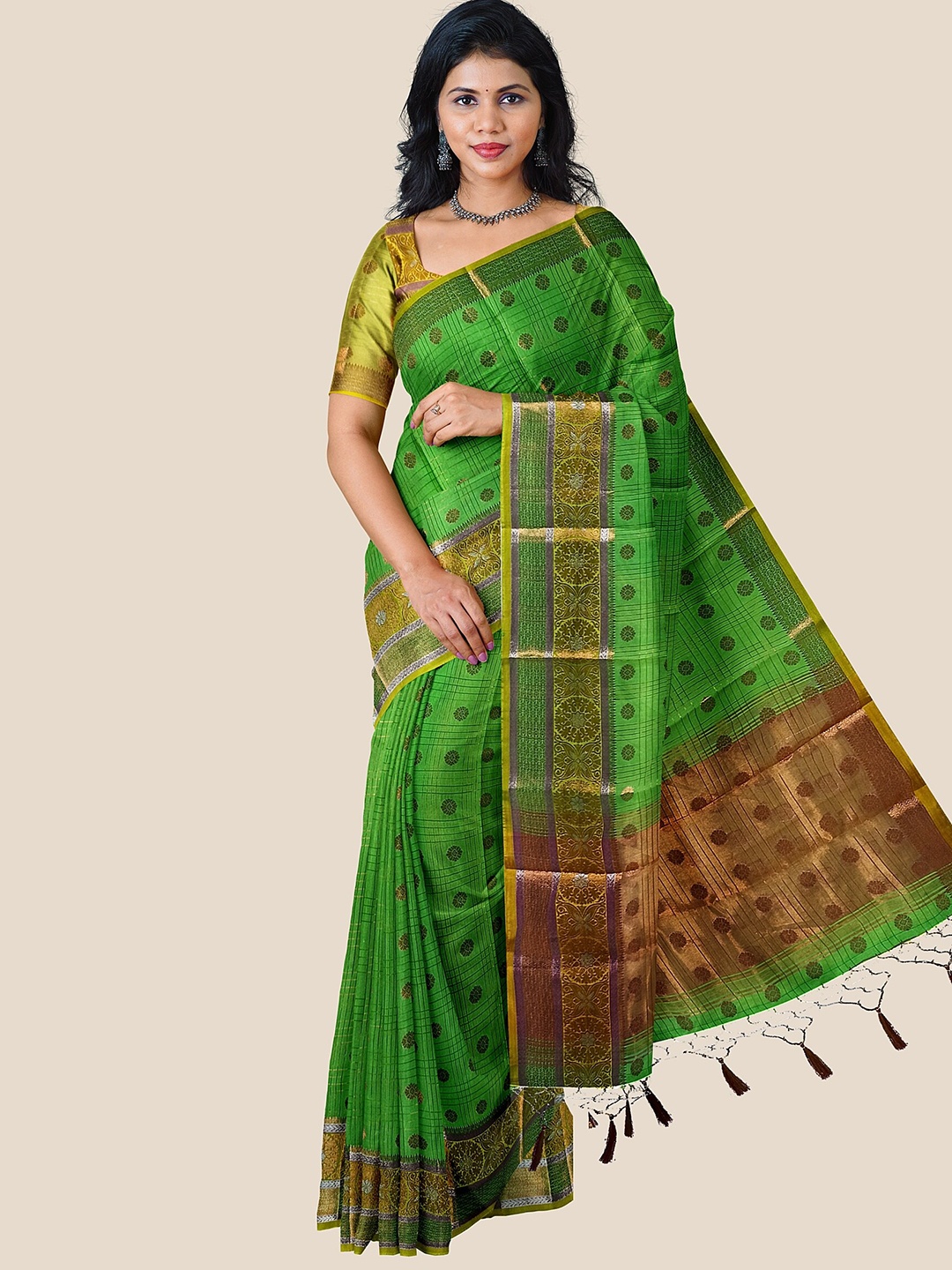 

The Chennai Silks Checked Zari Silk Cotton Maheshwari Saree, Green