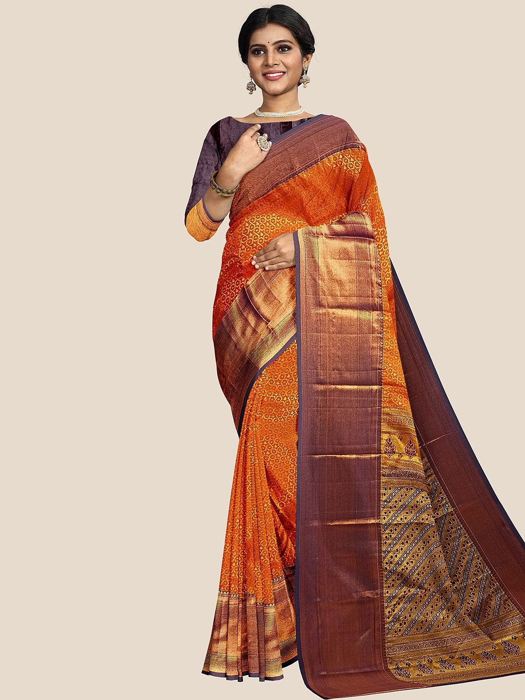 

The Chennai Silks Woven Design Zari Pure Silk Arani Saree, Orange