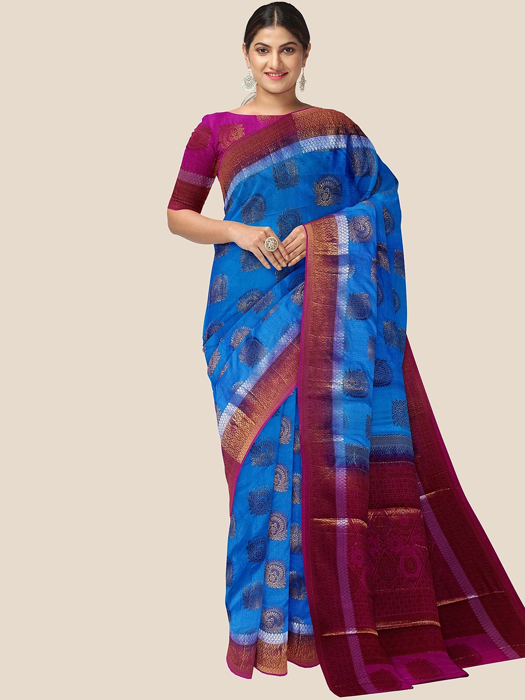 

The Chennai Silks Woven Design Zari Jute Cotton Banarasi Saree, Blue