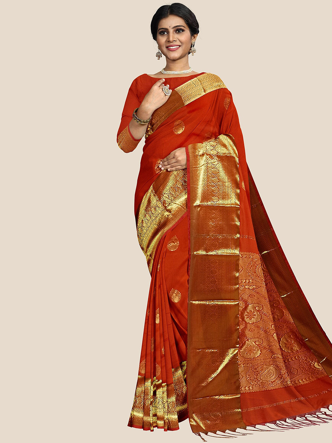 

The Chennai Silks Woven Design Zari Pure Silk Arani Saree, Orange