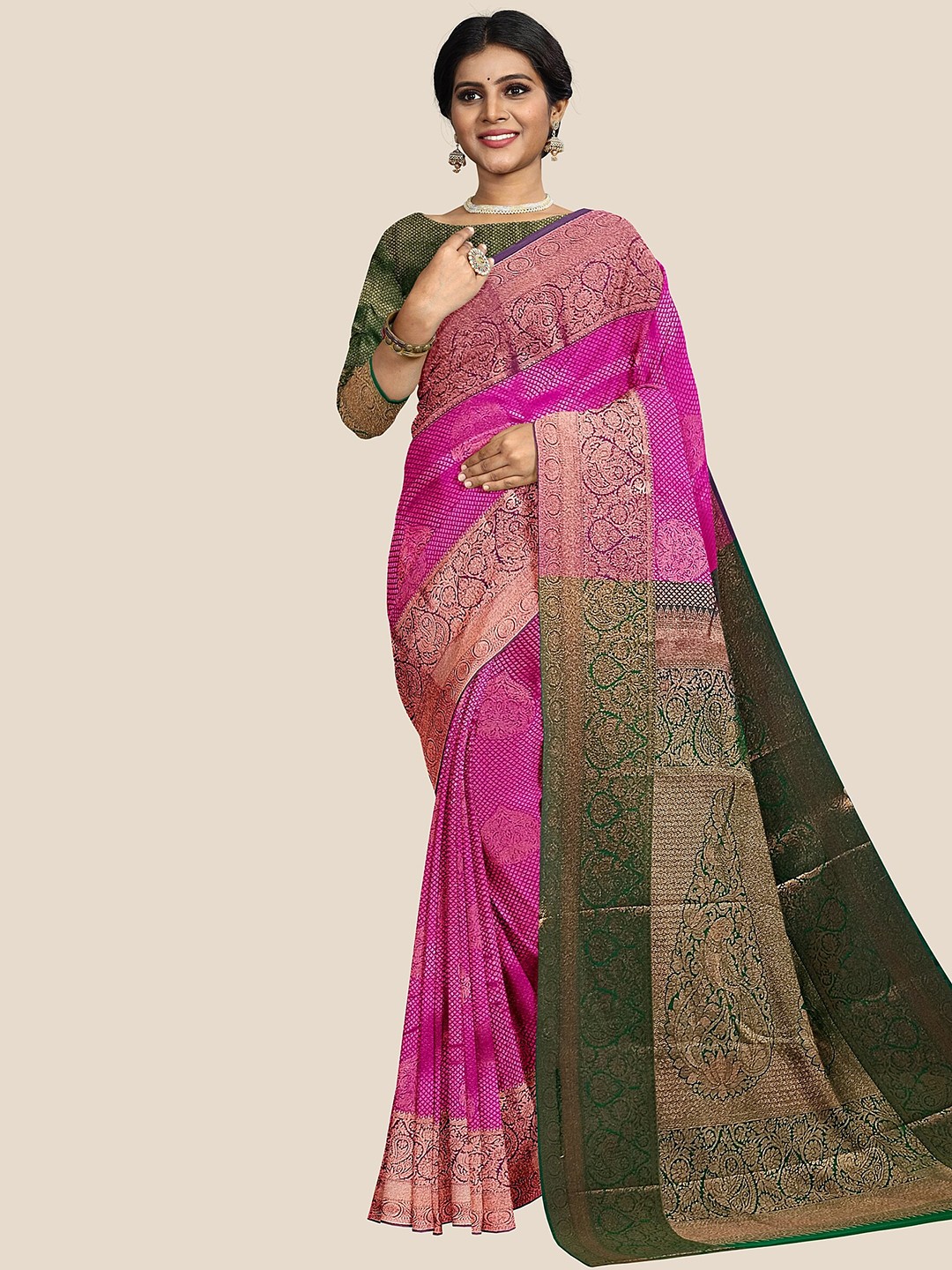 

The Chennai Silks Ethnic Motif Zari Pure Silk Arani Saree, Pink