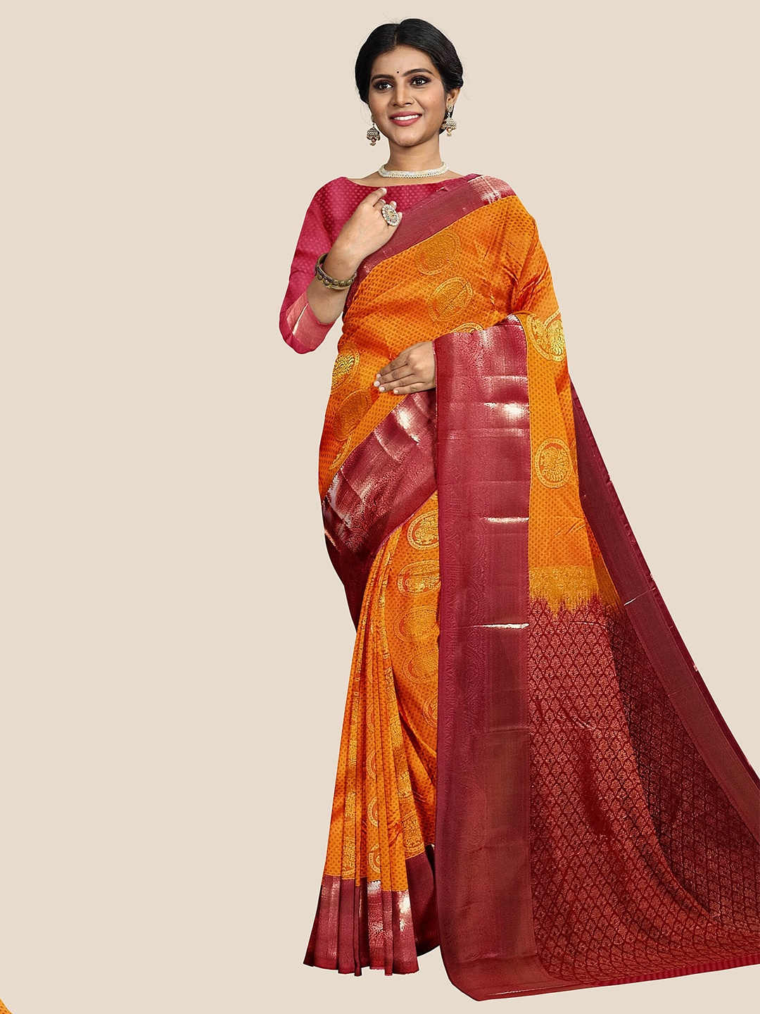 

The Chennai Silks Woven Design Zari Pure Silk Arani Saree, Orange