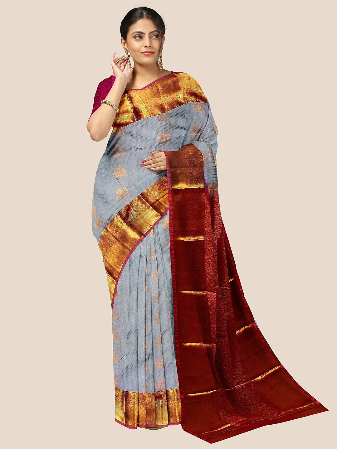 

The Chennai Silks Woven Design Zari Pure Silk Arani Saree, Grey