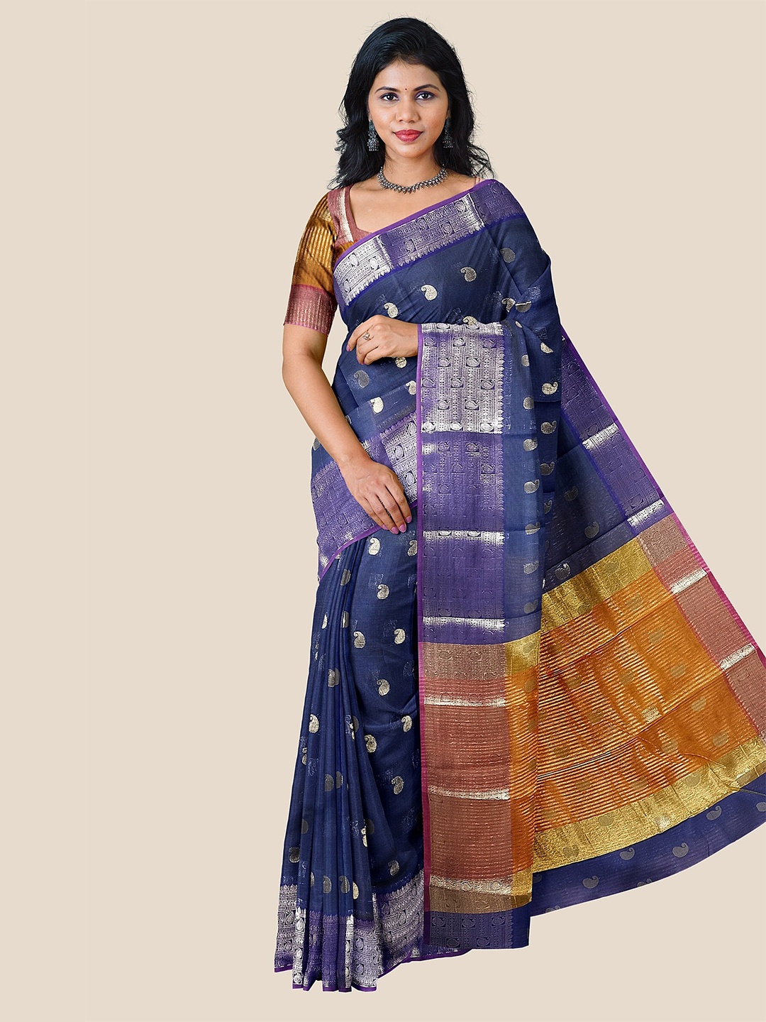 

TThe Chennai Silks Ethnic Motif Woven Design Zari Maheshwari Saree, Blue