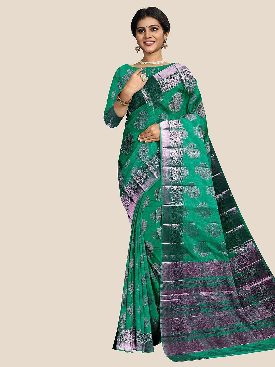 

The Chennai Silks Floral Zari Jute Cotton Banarasi Saree, Green