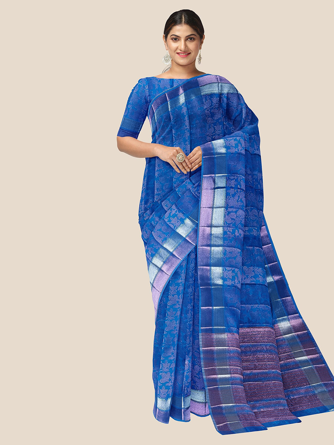 

The Chennai Silks Ethnic Motifs Zari Jute Cotton Banarasi Saree, Blue
