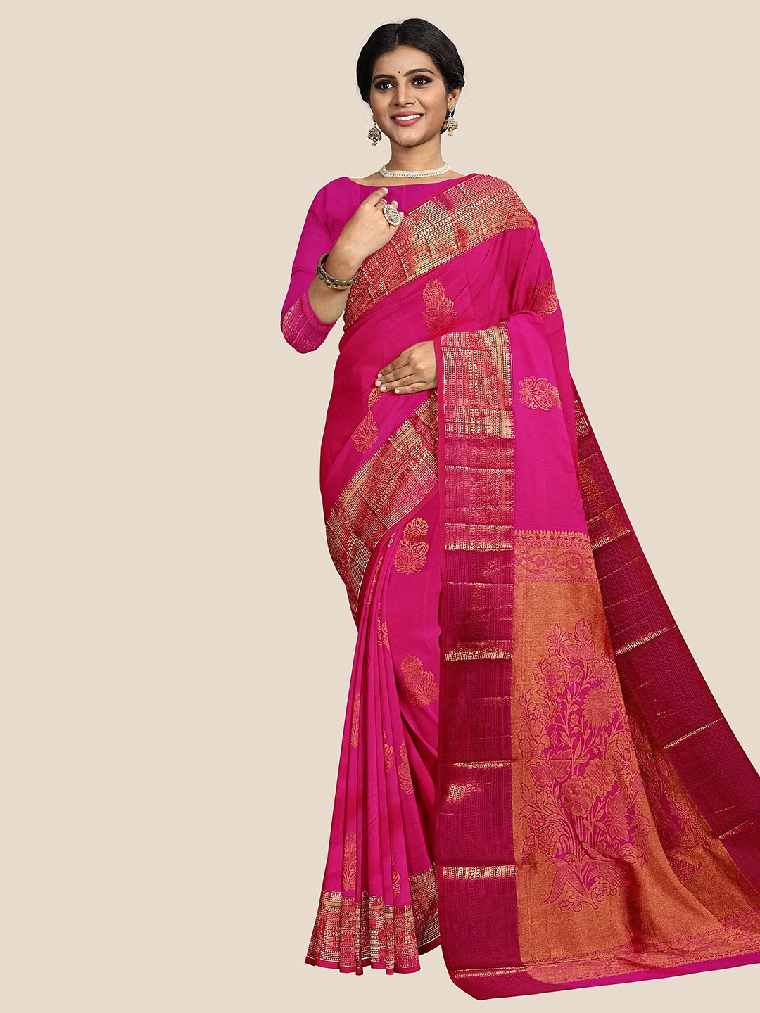 

The Chennai Silks Woven Design Zari Pure Silk Arani Saree, Pink