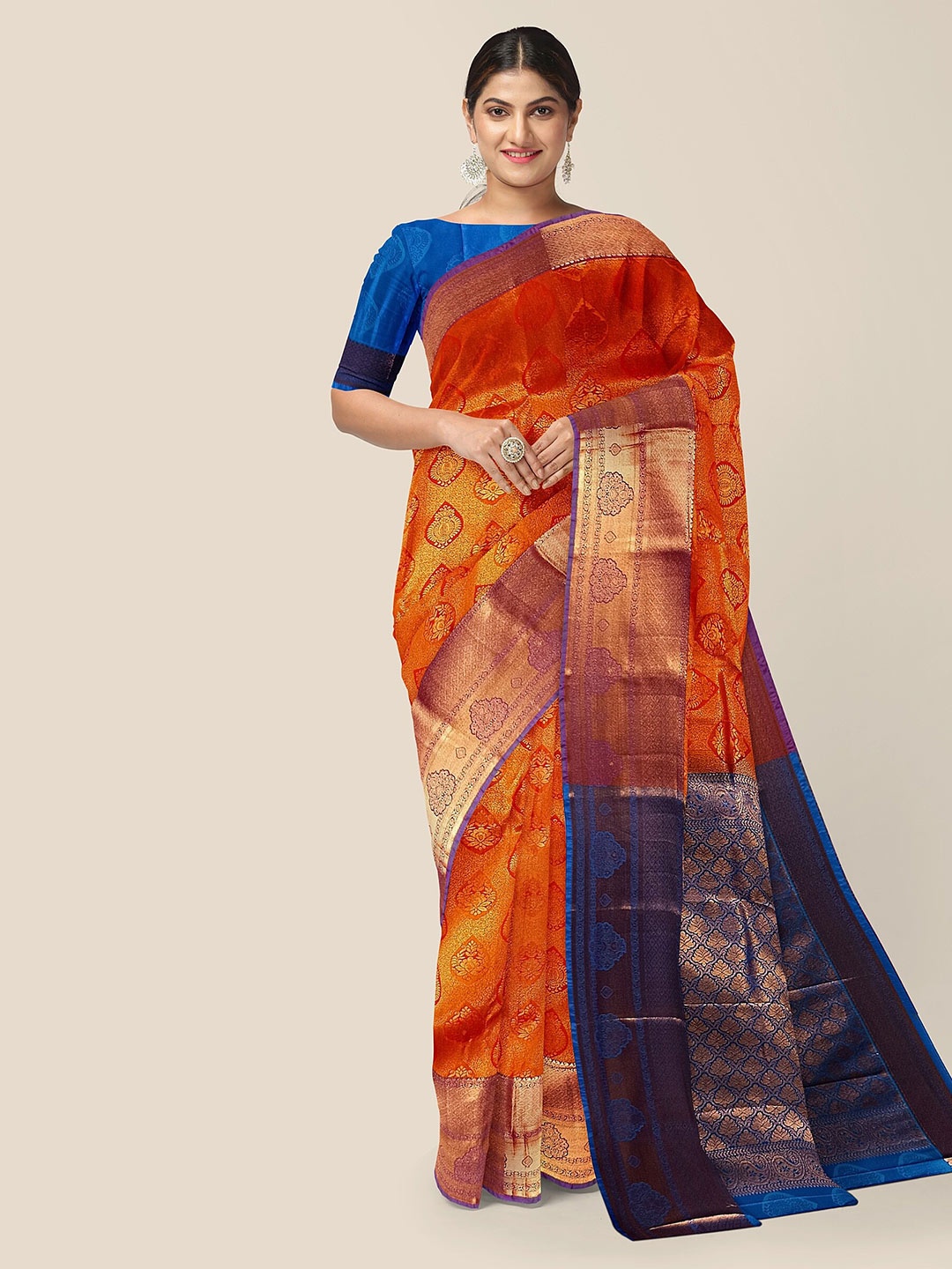 

The Chennai Silks Woven Design Zari Pure Silk Arani Saree, Orange