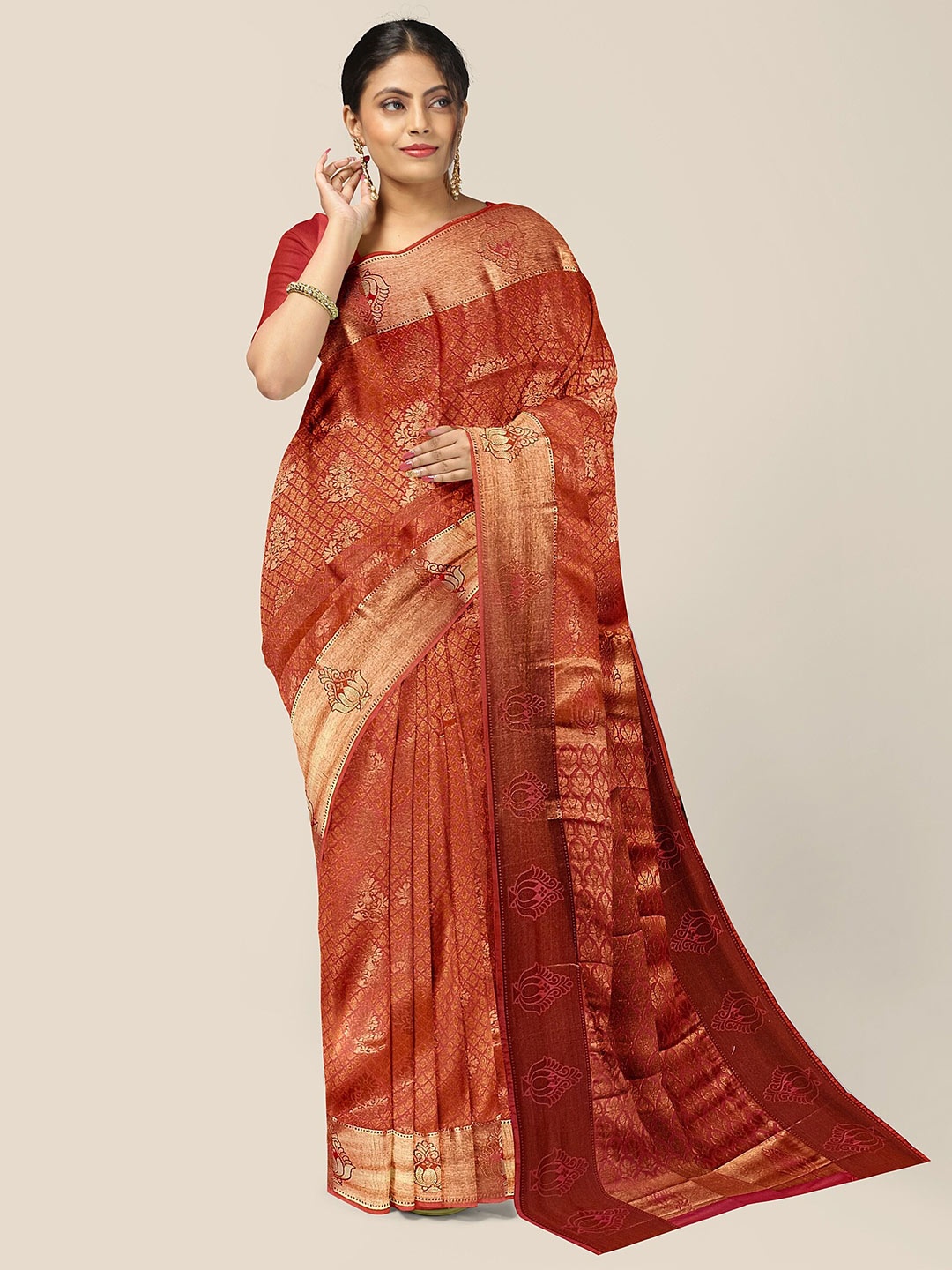

The Chennai Silks Ethnic Motifs Woven Design Zari Pure Silk Arani Saree, Orange