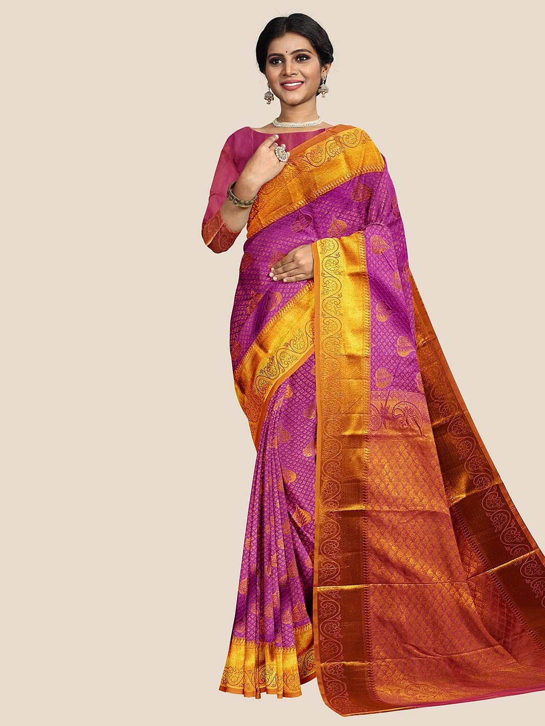 

The Chennai Silks Ethnic Motifs Woven Design Zari Pure Silk Dharmavaram Saree, Violet