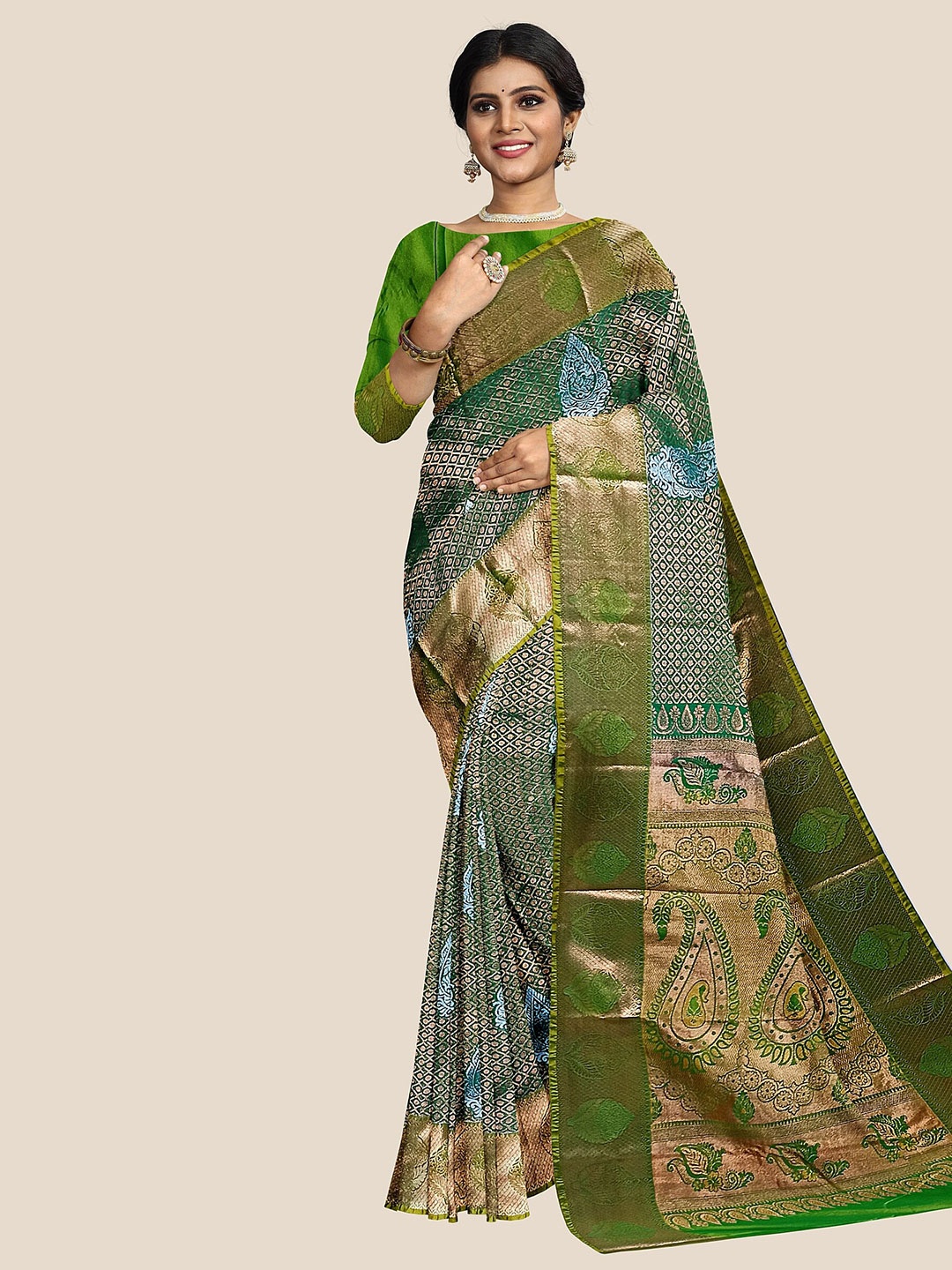 

The Chennai Silks Ethnic Motifs Woven Design Zari Pure Silk Arani Saree, Green
