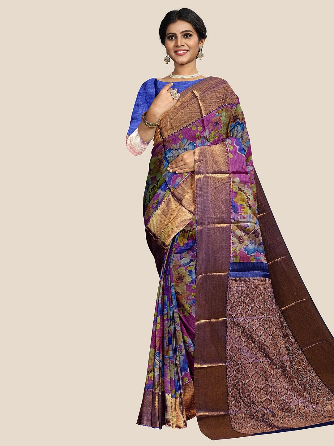 

The Chennai Silks Floral Printed Zari Pure Silk Dharmavaram Saree, Blue