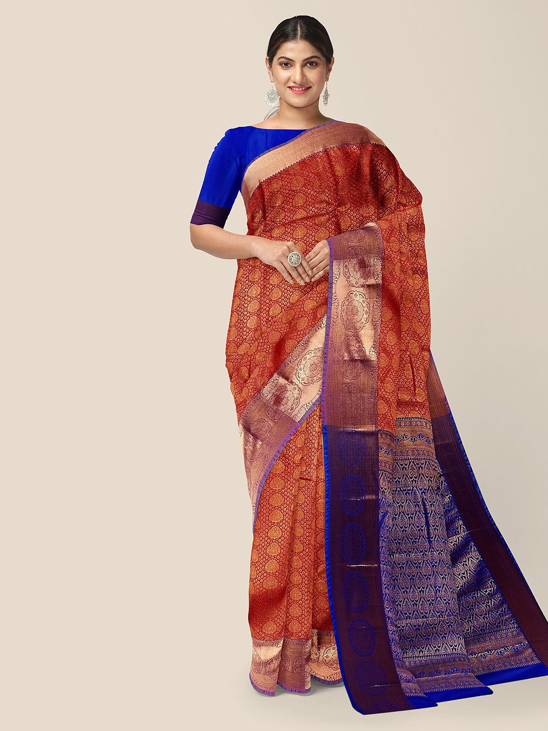 

The Chennai Silks Ethnic Motifs Woven Design Zari Pure Silk Arani Saree, Rust