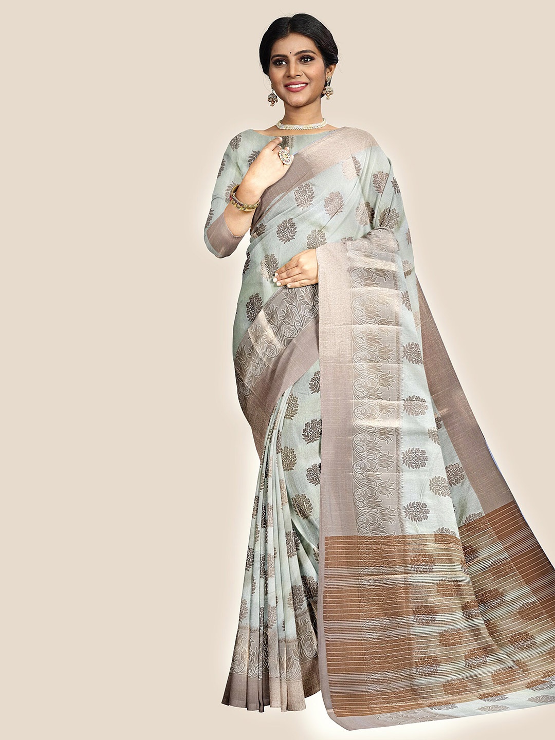 

The Chennai Silks Floral Woven Design Zari Jute Cotton Banarasi Saree, Cream