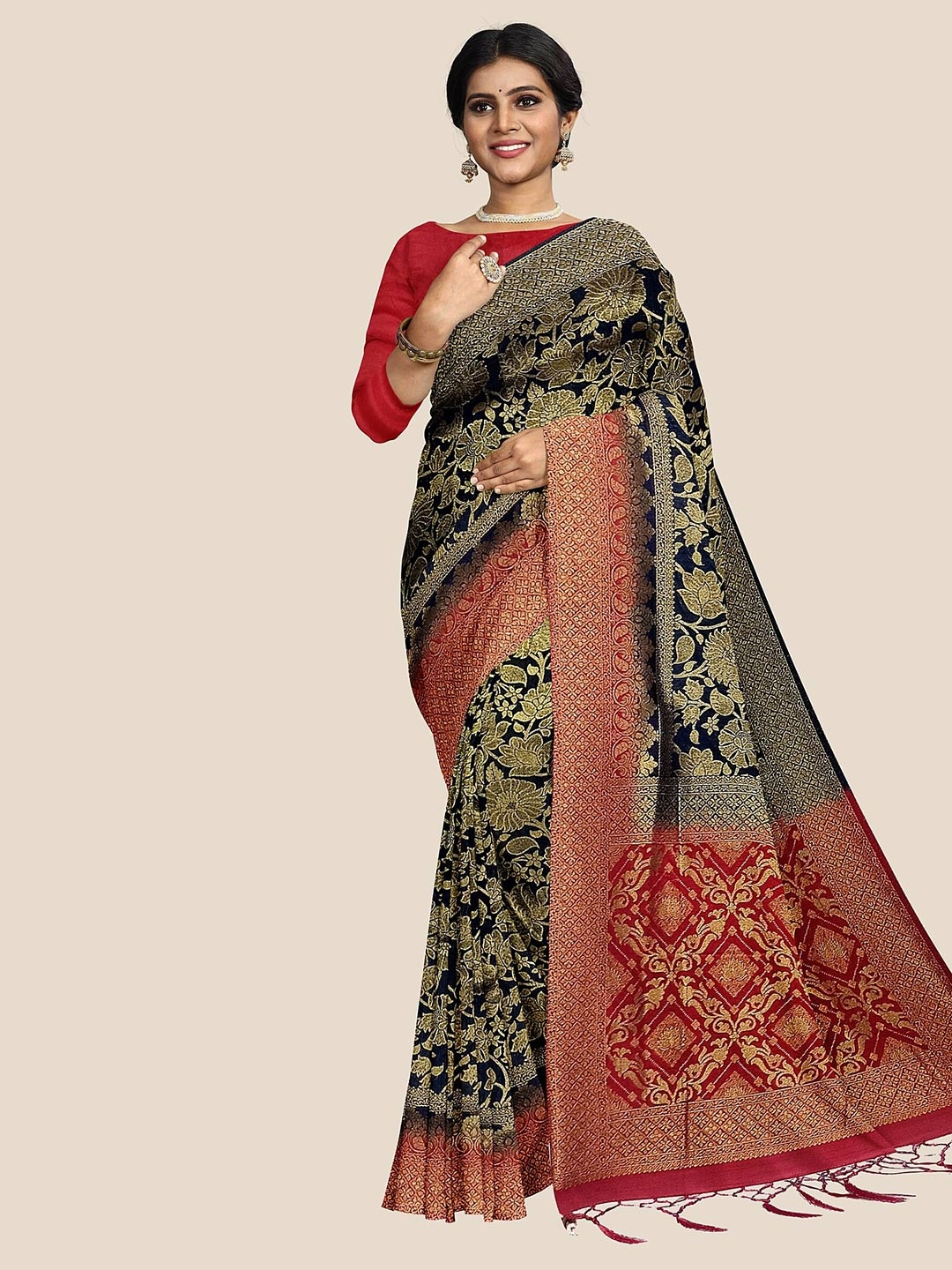 

The Chennai Silks Floral Woven Design Zari Silk Blend Patola Saree, Black