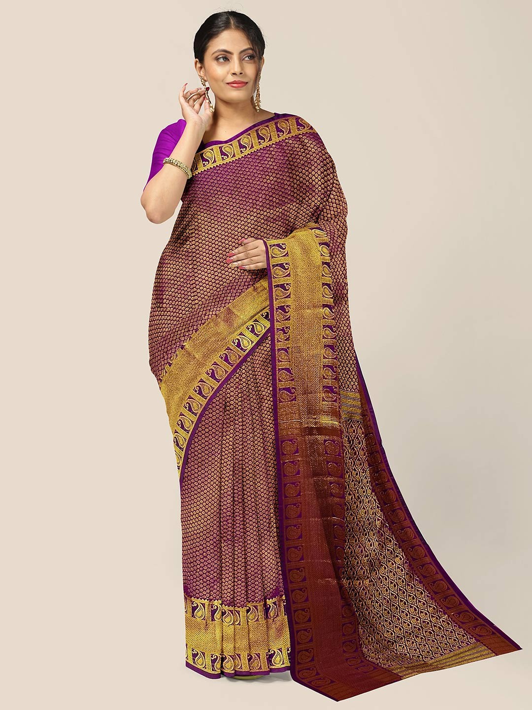 

The Chennai Silks Woven Design Zari Pure Silk Arani Saree, Magenta