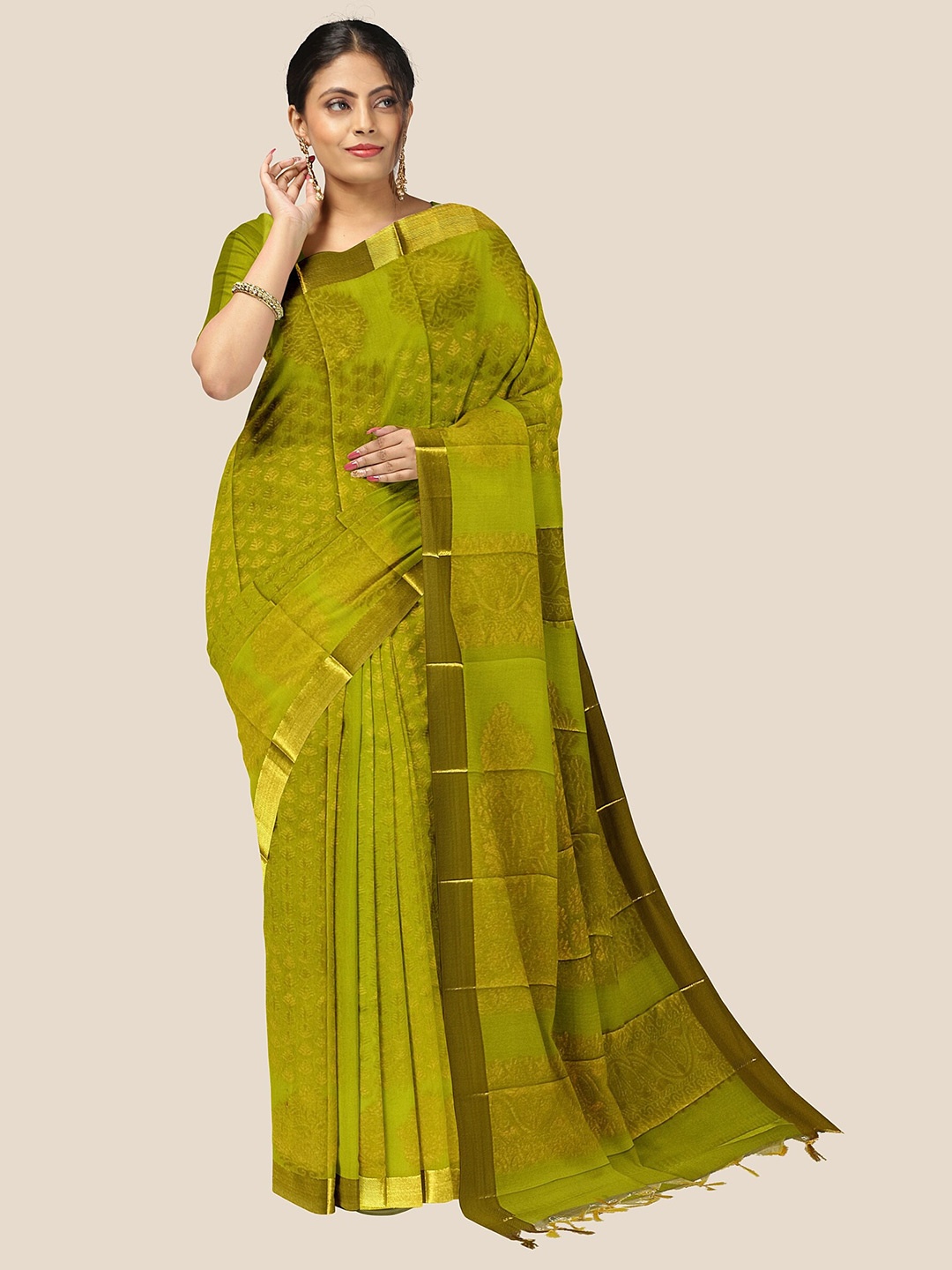 

The Chennai Silks Woven Design Zari Silk Cotton Maheshwari Saree, Green