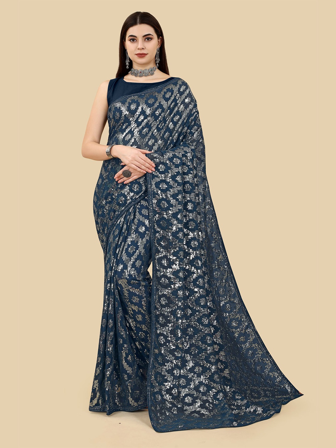 

VAIRAGEE Ethnic Motifs Embellished Sequinned Saree, Teal