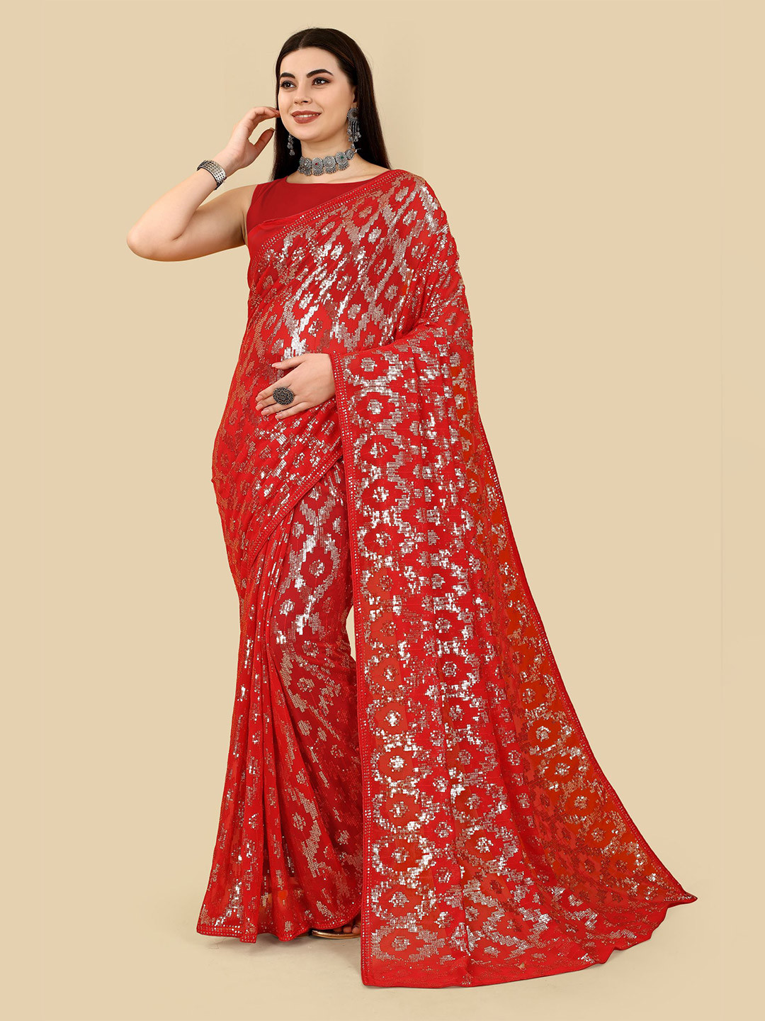 

VAIRAGEE Red Embellished Sequinned Heavy Work Saree