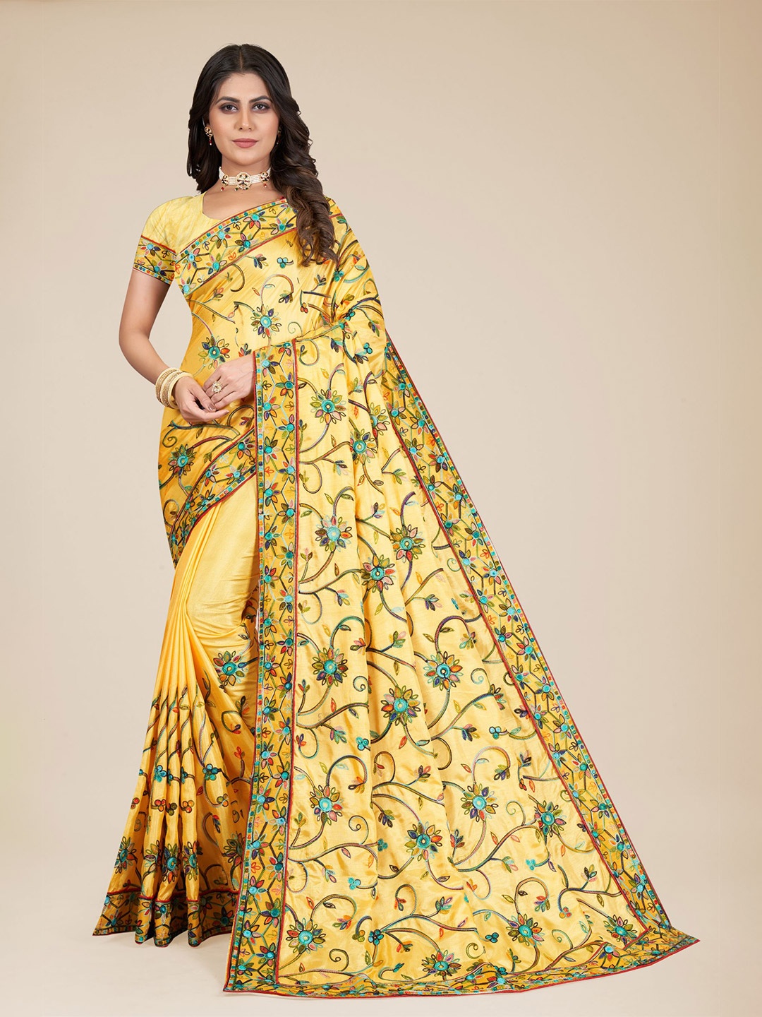

VAIRAGEE Floral Embroidered Poly Silk Saree, Yellow
