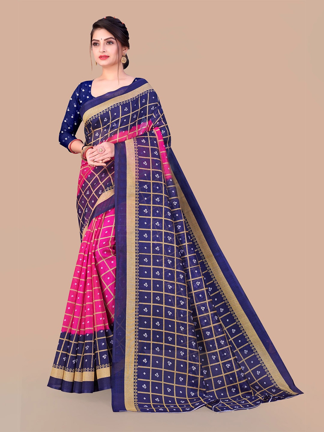 

VAIRAGEE Bandhani Printed Bhagalpuri Saree, Pink