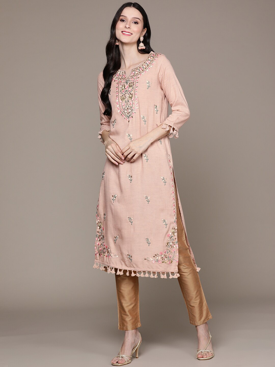 

Ishin Women Notch Neck Floral Embroidered Yoke Design Kurta, Peach