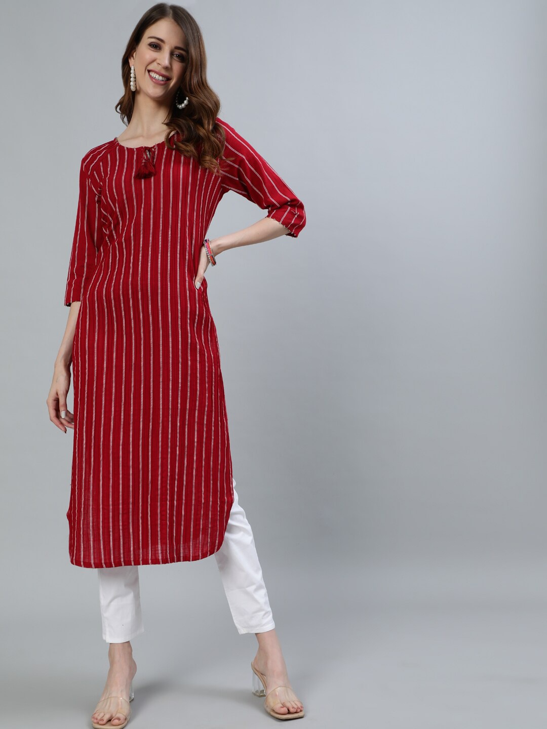 

Ishin Striped Keyhole Neck Thread Work Block Print Cotton Kurta, Red