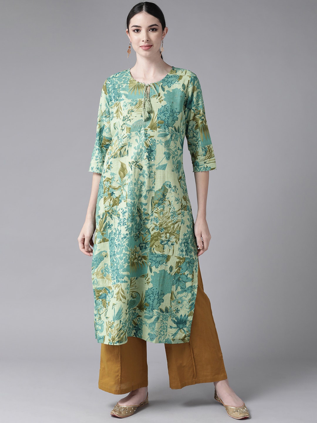 

Ishin Women Printed Tie up Neck Mirror Work Pure Cotton Kurta, Green