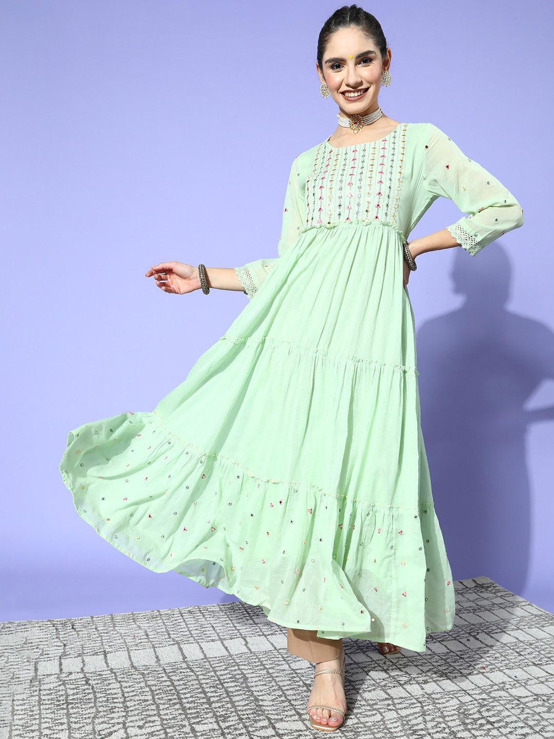 

Ishin Women Mirror Work Yoke Design Pastels Anarkali Kurta, Green