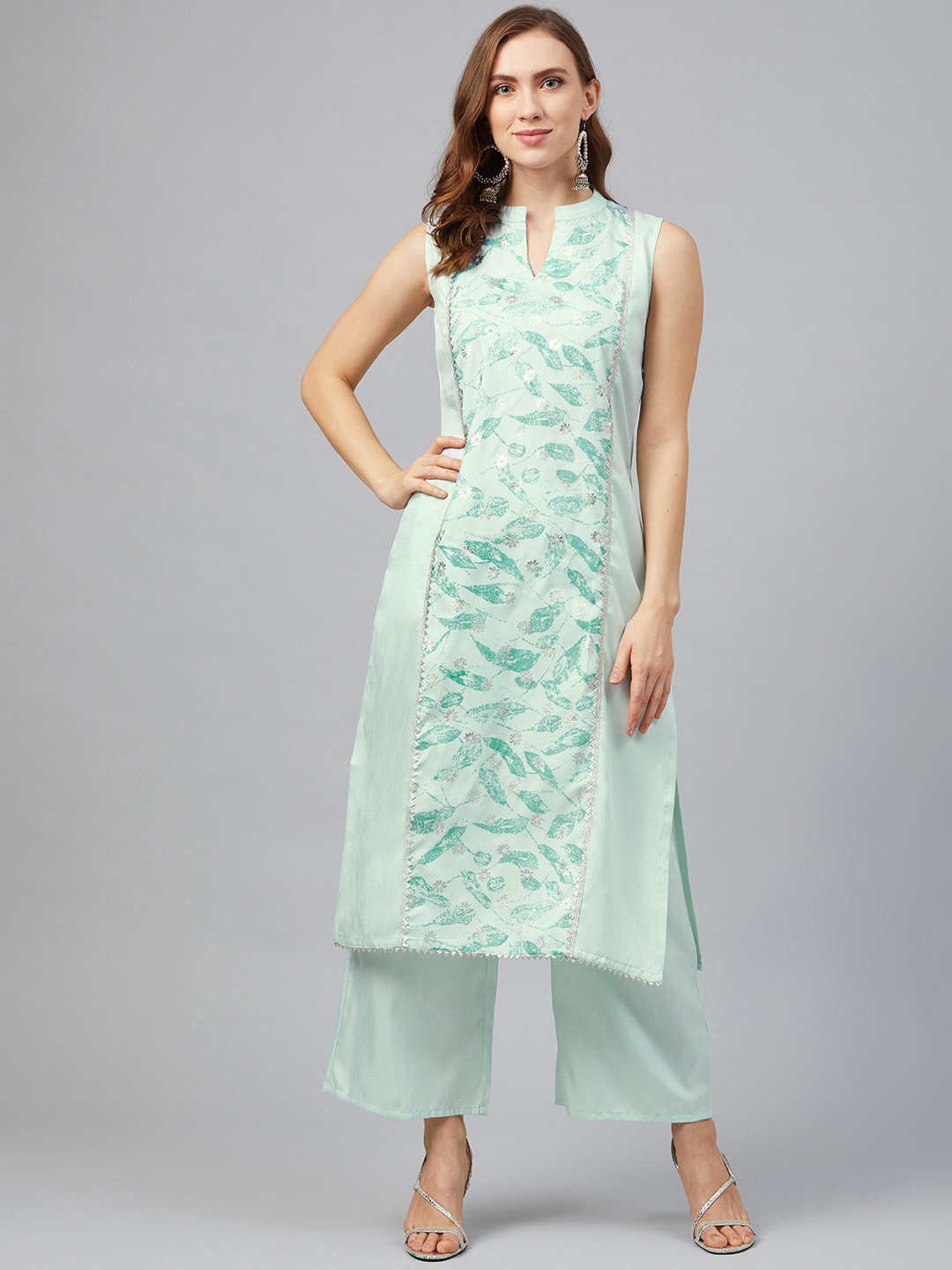 

ZIYAA Women Floral Printed Band Collar Panelled Kurta, Sea green