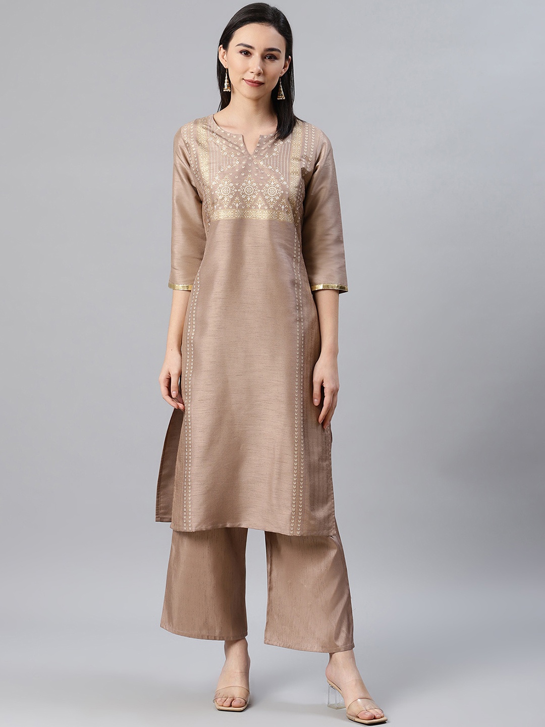 

ZIYAA Women Brown Ethnic Motifs Printed Notch Neck Kurta