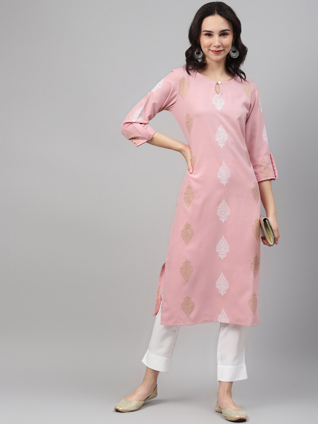 

ZIYAA Women Ethnic Motifs Printed Keyhole Neck Kurta, Pink