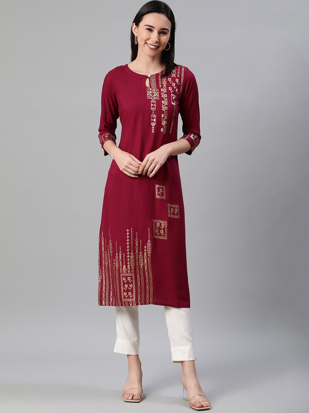 

ZIYAA Women Floral Printed Keyhole Neck Kurta, Maroon