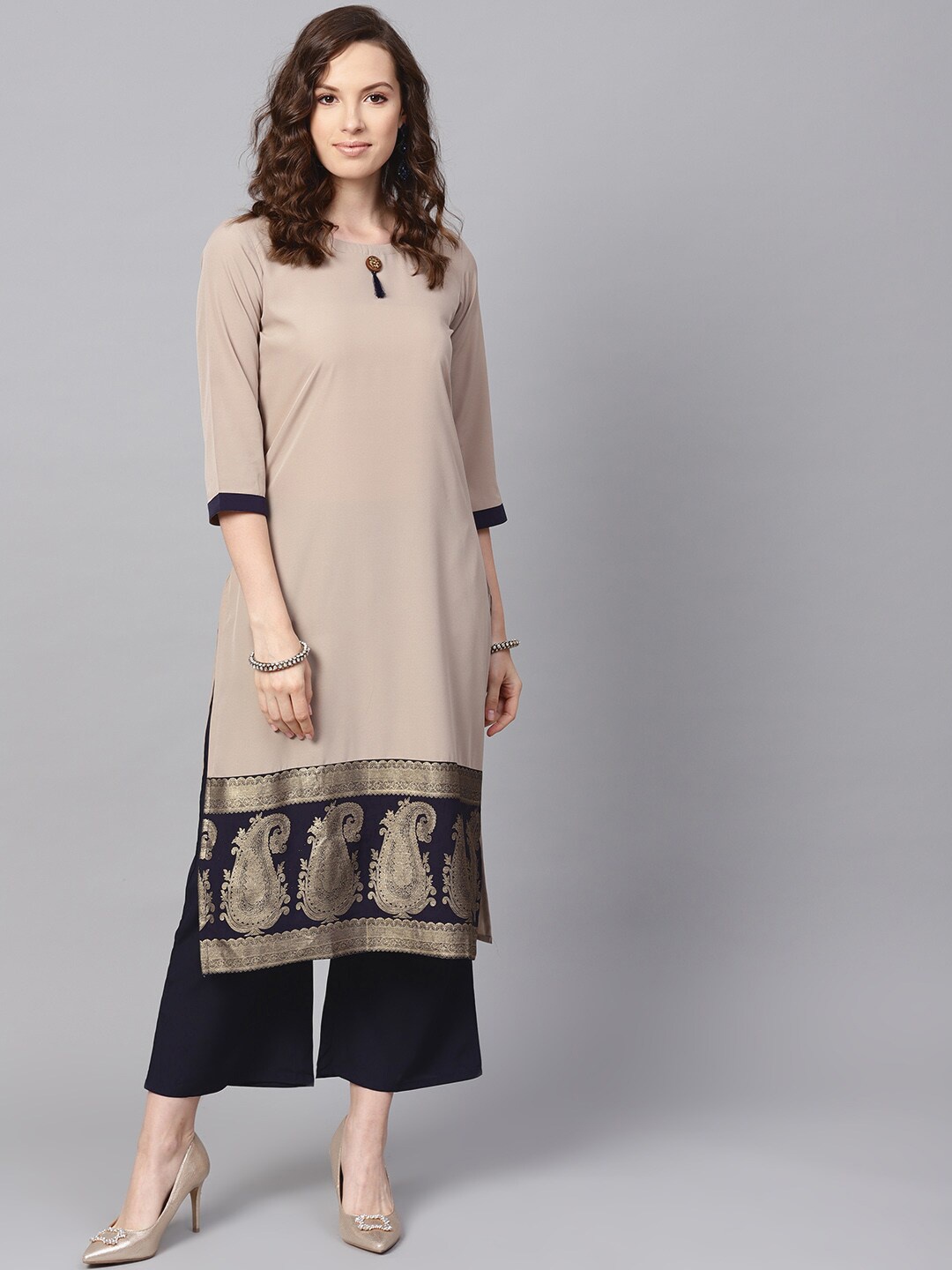

ZIYAA Women Ethnic Motifs Yoke Design Crepe Kurta, Beige