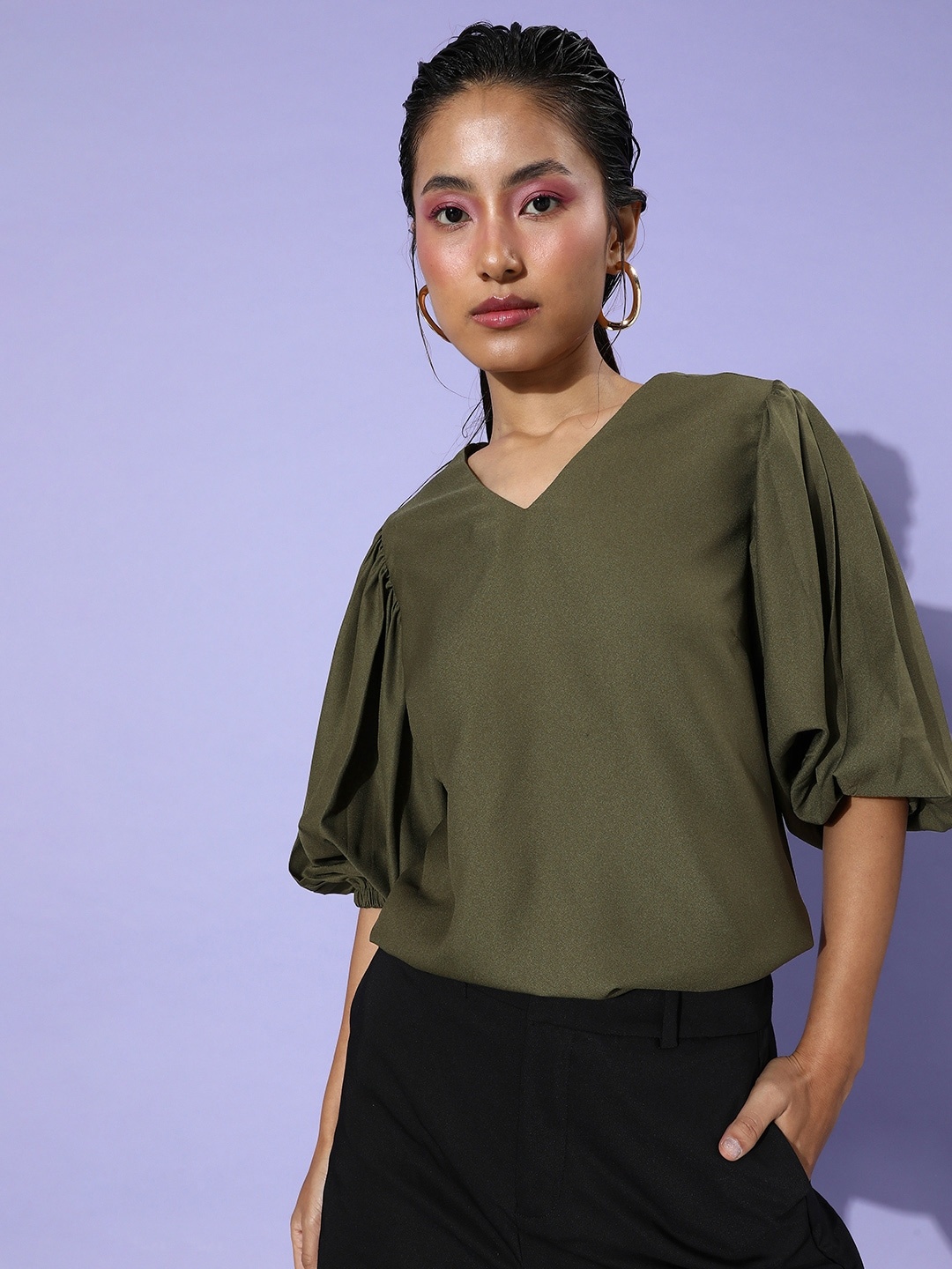 

her by invictus Olive Green Solid Once Upon A Sleeve Top