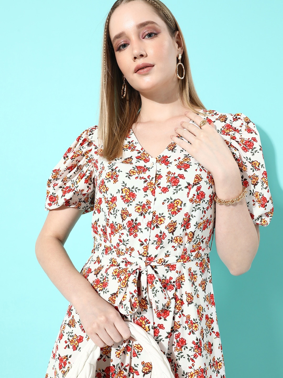 

her by invictus Pretty Red Floral Printed Once Upon A Sleeve Shirt Dress Comes With A Belt, White