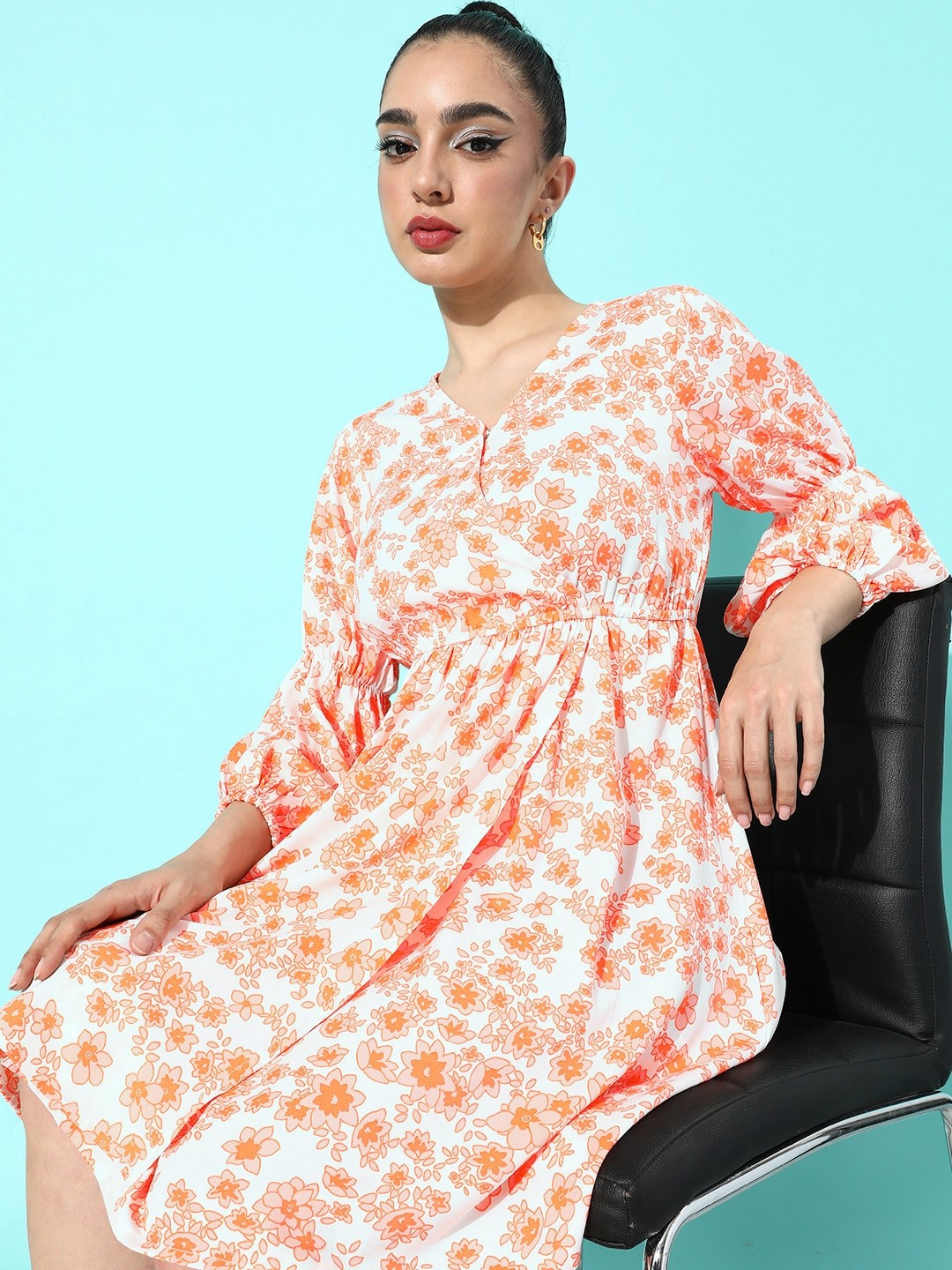 

her by invictus Fresh Orange Floral Print Once Upon A Sleeve Dress