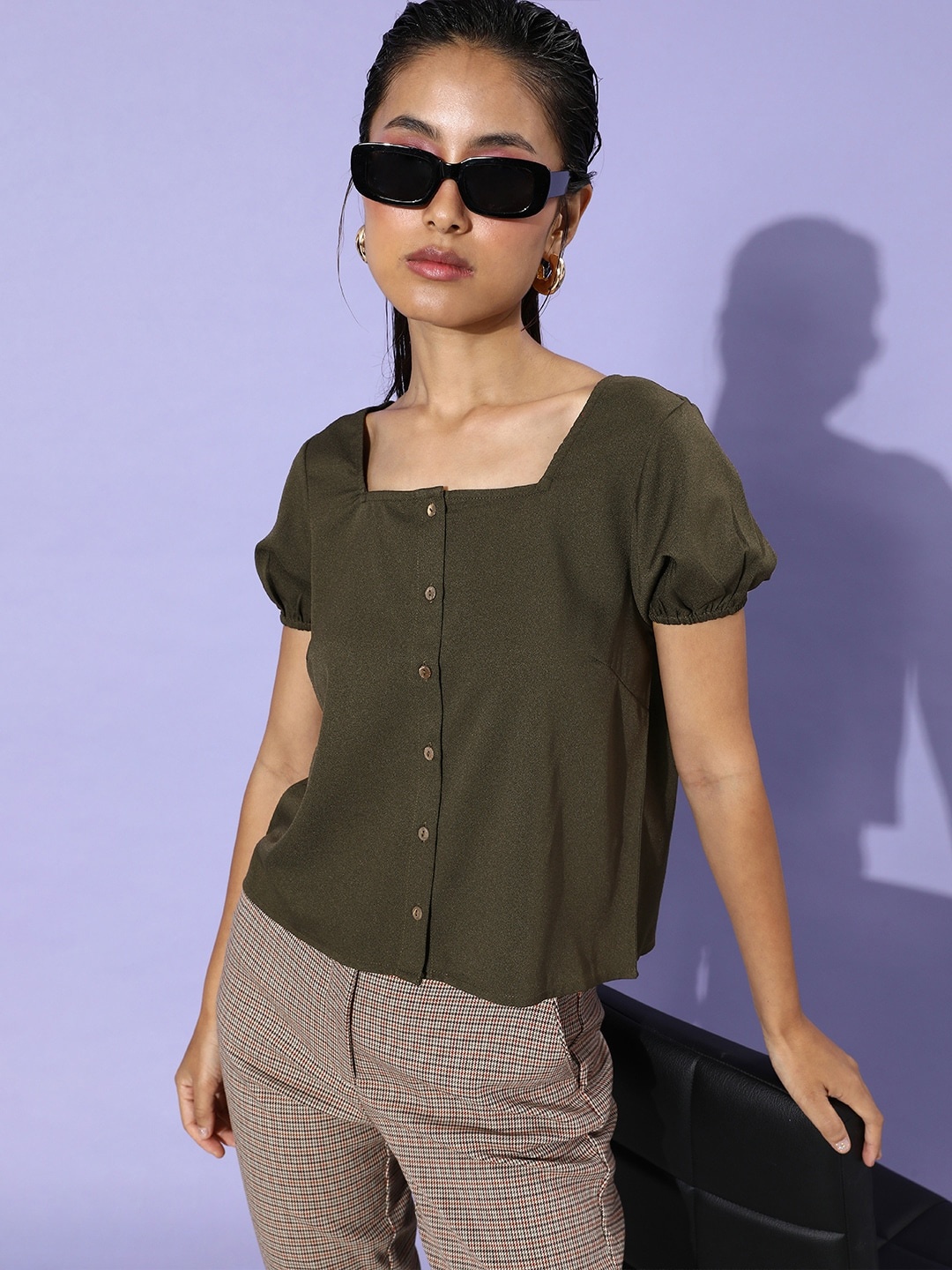 

her by invictus Square Neck Puff Sleeve Top, Olive
