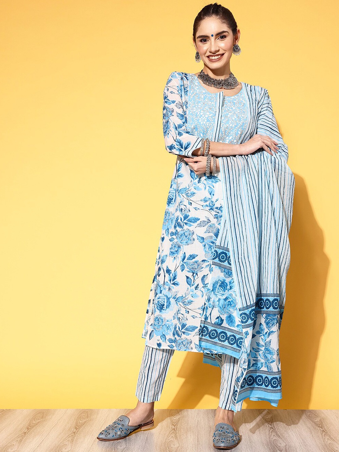 

Ishin Women Yoke Design Thread Work Pure Cotton Kurta & Trousers With Dupatta, Blue