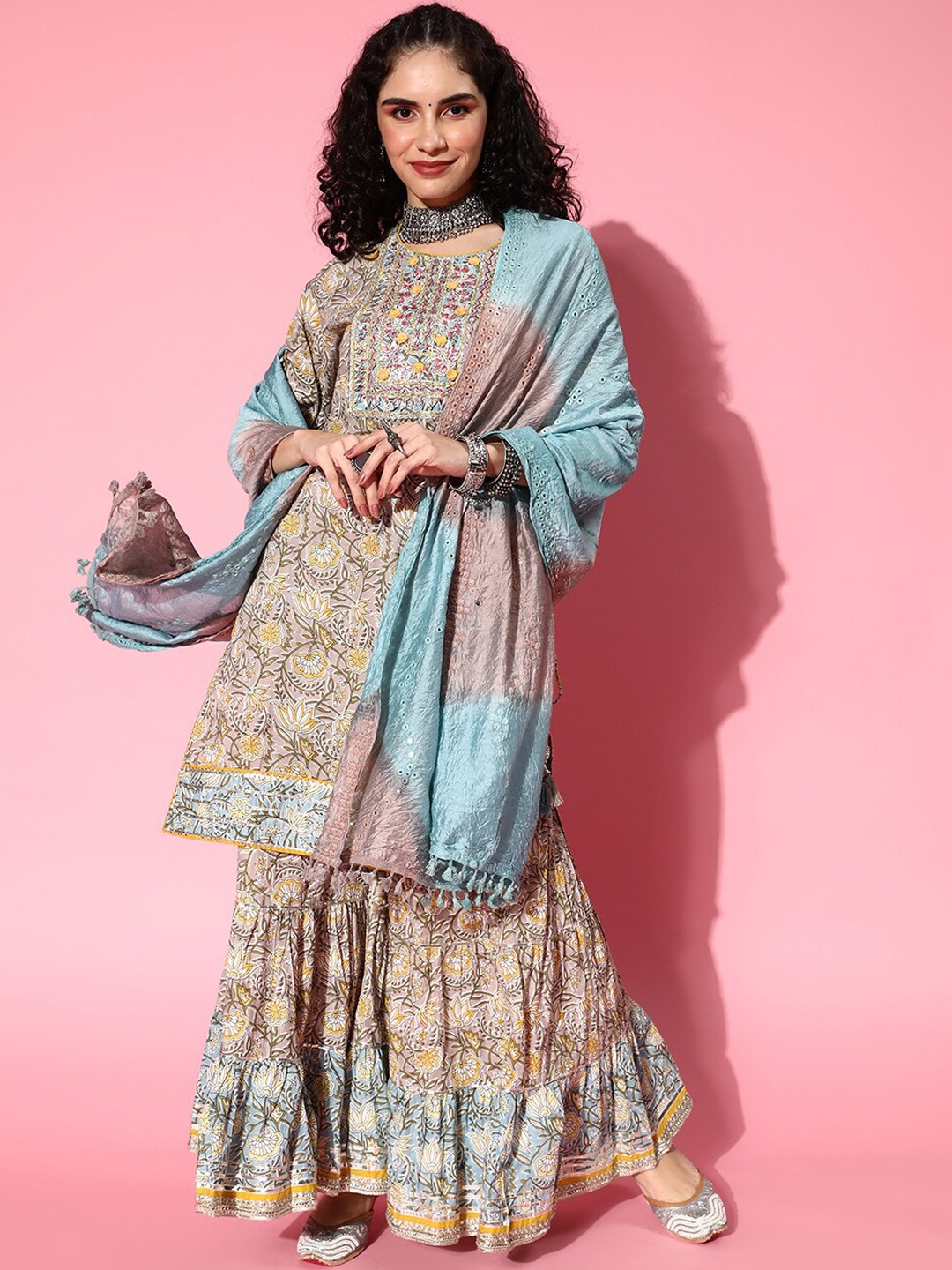 

Ishin Women Ethnic Printed Gotta Patti Kurta & Sharara With Dupatta, Grey