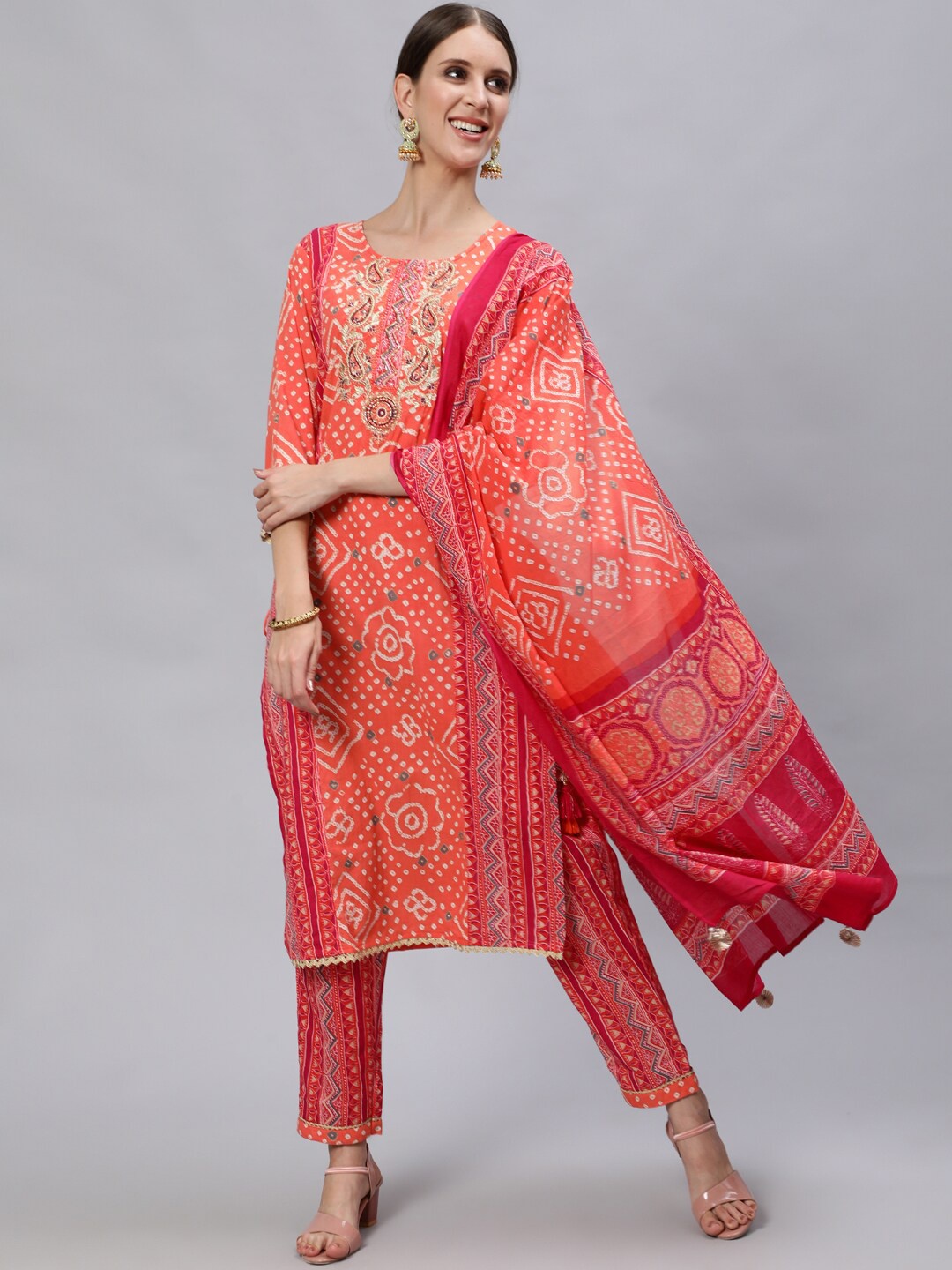 

Ishin Women Ethnic Motifs Printed Pure Cotton Kurta With Trousers & Dupatta, Orange