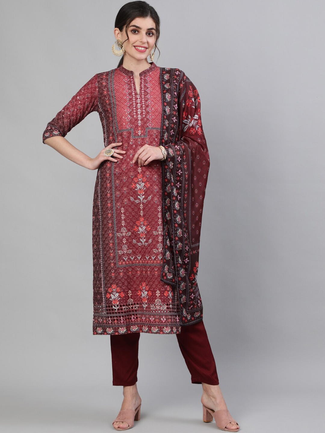 

Ishin Floral Embroidered Pure Cotton Kurta with Trousers & With Dupatta, Maroon