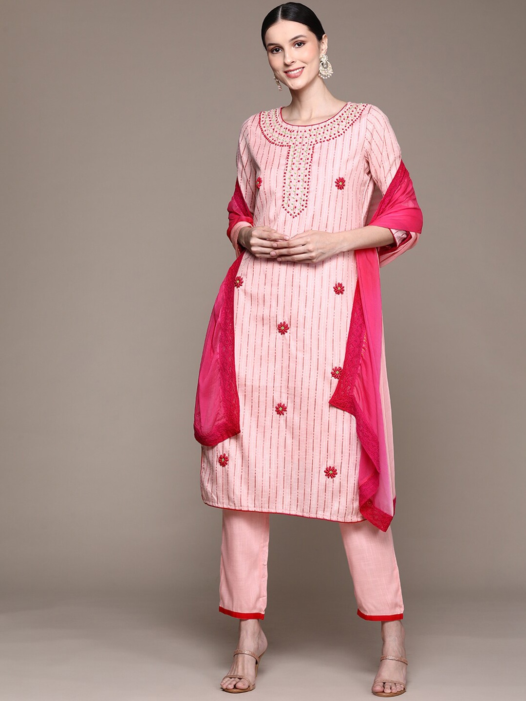

Ishin Floral Embroidered Thread Work Kurta with Trousers & With Dupatta, Pink