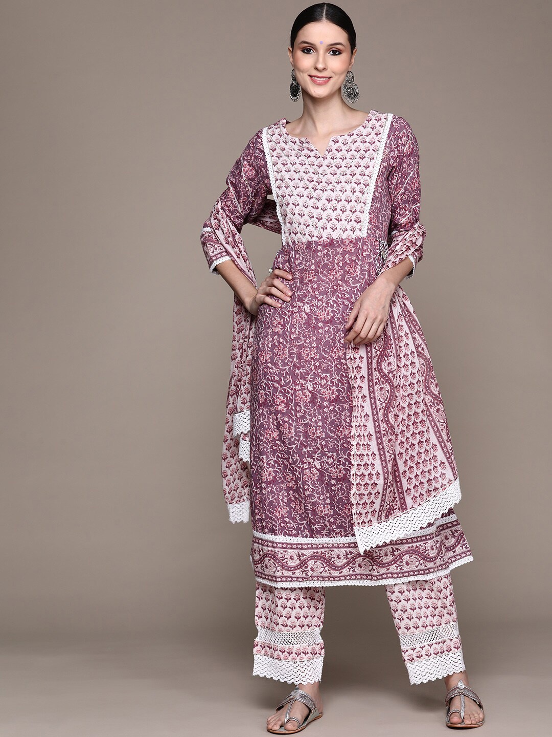 

Ishin Women Floral Printed Pure Cotton Kurta With Trousers & Dupatta, Purple
